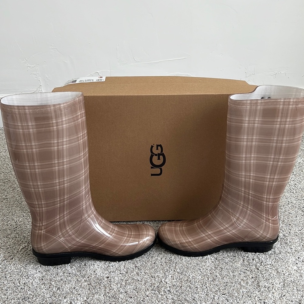 AUTH NIB UGG Shaye Plaid Rubber Shearling Lined Glossed Waterproof Rain Boots - Picture 5 of 12